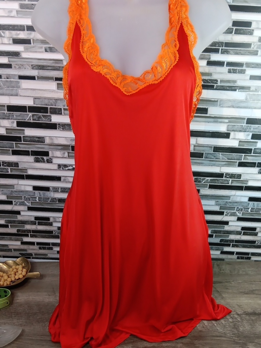 Victoria's Secret Red Halter Y2k Camisole Slip Dress M Orange Lace Trim Layers